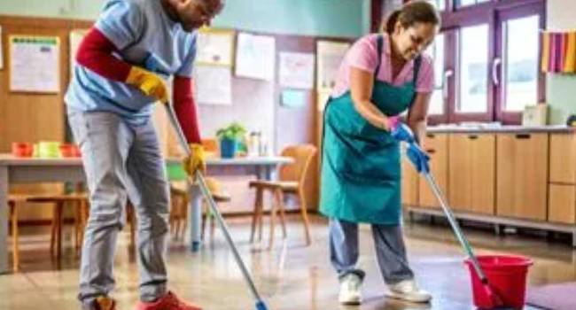 Professional cleaners mopping a daycare classroom