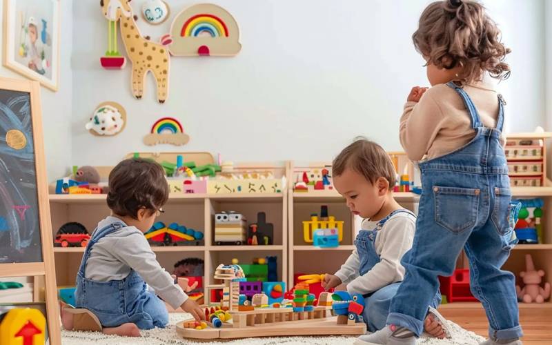 Children playing in a clean daycare classroom