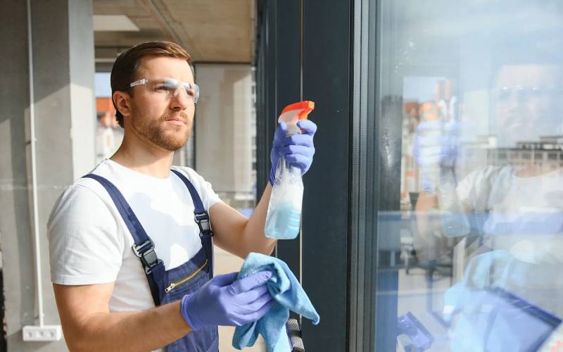 Professional cleaner wiping glass in an office setting