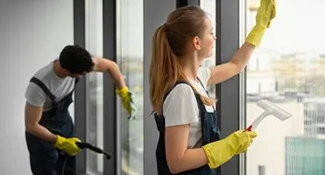 Professional cleaners maintaining windows and office space