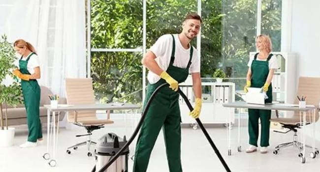 Professional cleaners maintaining a bright office property