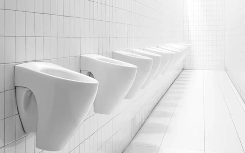 Professional restroom cleaning with brush and gloves